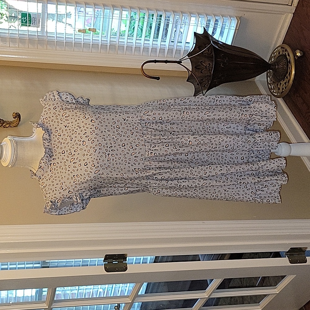 Ces Femme dress blue ruffle neck arm hem tan black heart print sleeveless L …EUC